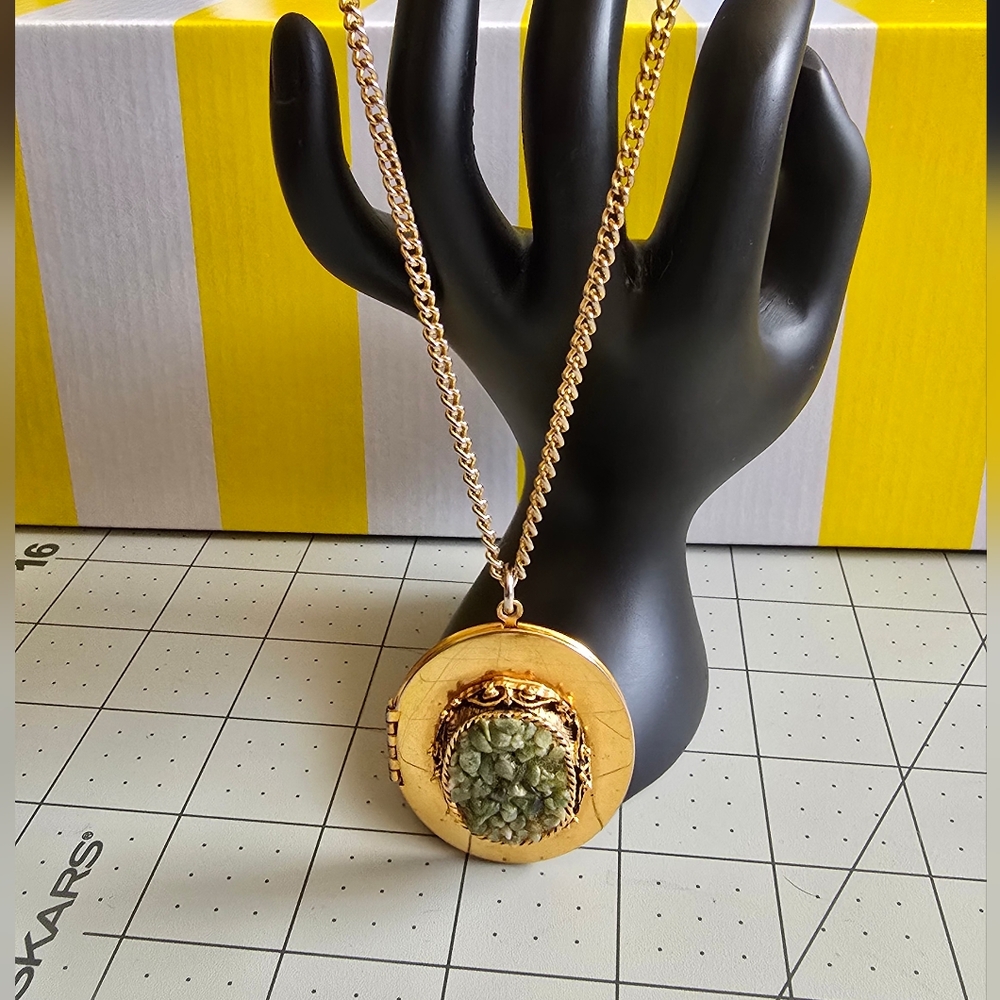 Elegant Gold Locket Necklace with Green Stone
